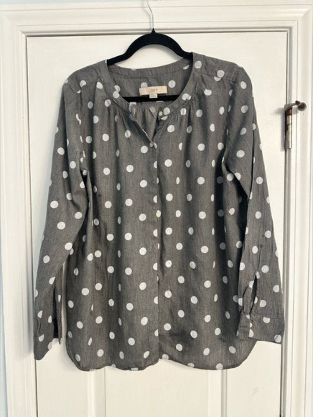 LOFT Charcoal and White Polka Dot Blouse